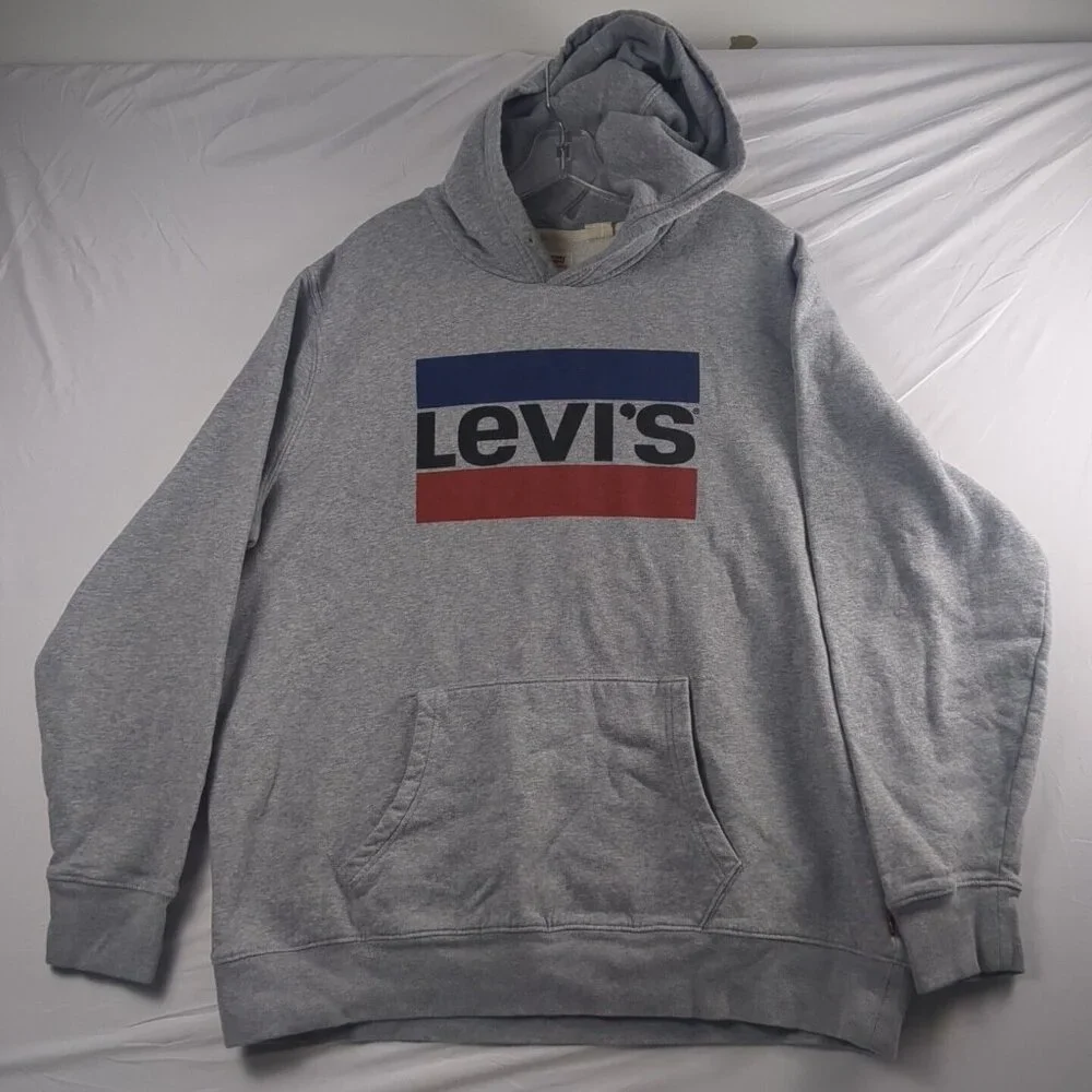 Levis Logo Spell Out Gray Hoodie Mens XL Pullover Hooded Sweatshirt Standard